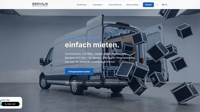 Website von Servus Medientechnik mit Anfrageassistent
